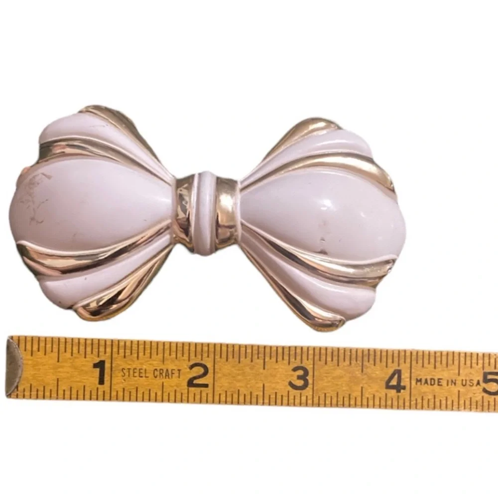 Vintage White & Gold French‎ Bow Barrette at 4” Long, Metal Hair Clip, Deadstock